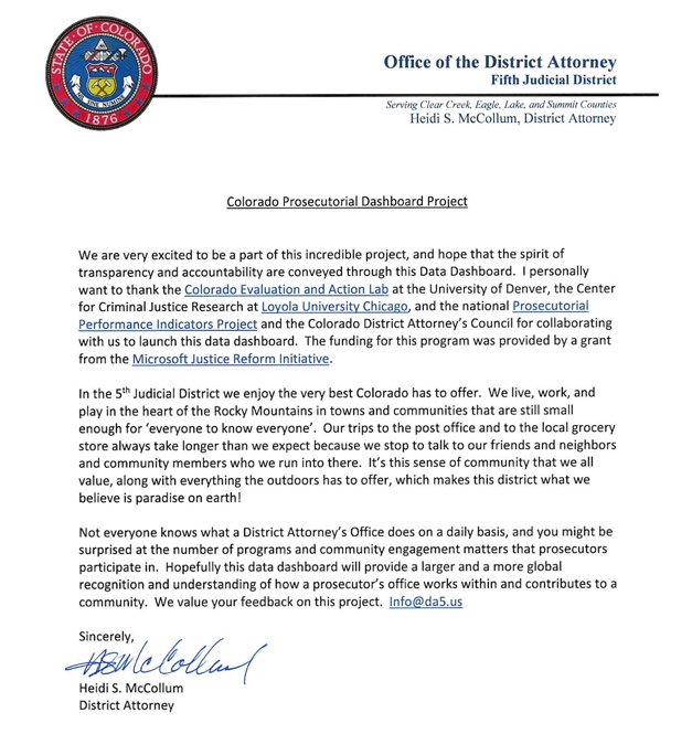 Welcome letter from Heidi S. McCollum, District Attorney for the Fifth Judicial District